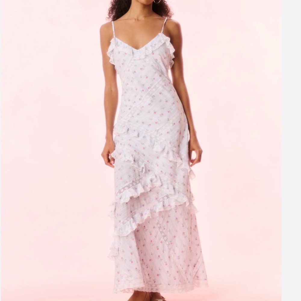 LoveShackFancy Nocelle  White and Blue Maxi Dress size 4